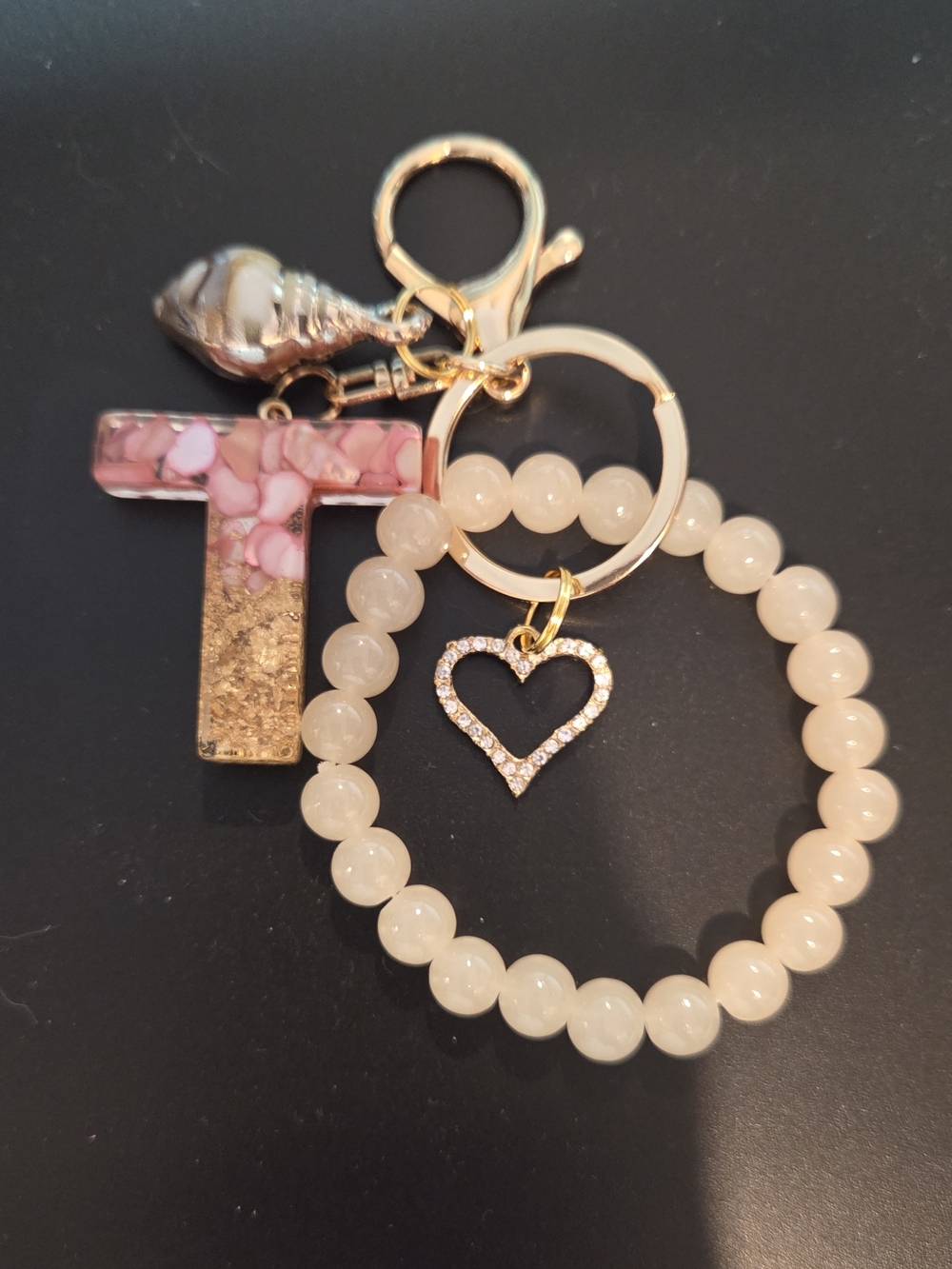 Pink & Gold Resin Initial "T" Keychain with Beaded Bracelet and Rhinestone Heart